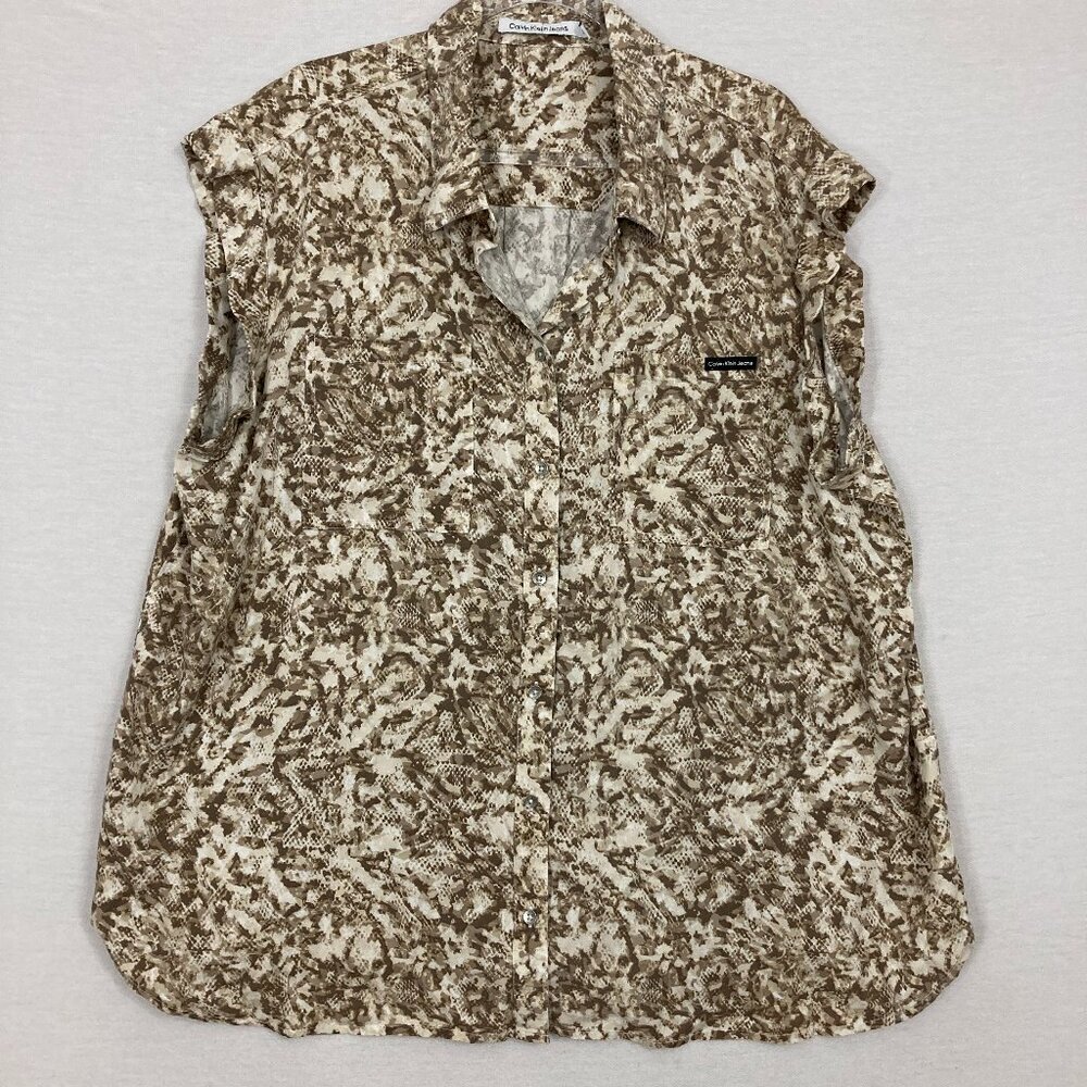 Calvin Klein Brown Tan Abstract Sleeveless Ultra‎ Soft Lyocell Button Down 2X